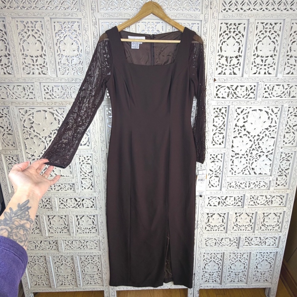 Maggie London NWT Chocolate Brown Square Neck‎ Sheer Sleeves Formal Gown Sz 6